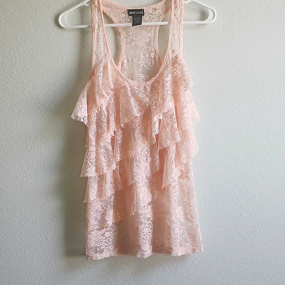 Vintage Wet Seal Pink Peach Lace Tank Top  Ruffles Y2K Fairy Sz M